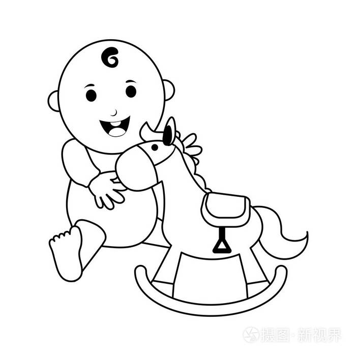 婴儿与木马卡通黑色和白色插画-正版商用图片186h52-摄图新视界