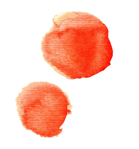 橙色圆形水彩污渍。手绘在湿纸上