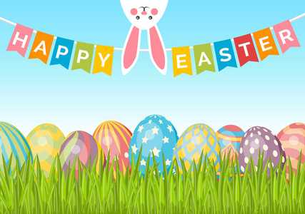 复活节背景与绿色草地上的鸡蛋, 兔子和旗帜。可爱的复活节横幅, 海报, 传单或贺卡