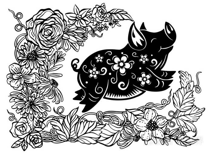 猪的剪纸艺术和工艺风格在猪的背景下,猪的农历新年.