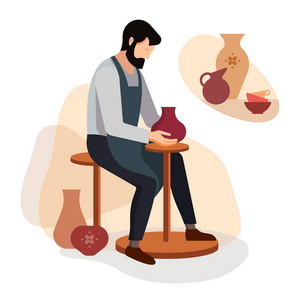 陶器工匠的工作的向量例证.陶艺车间海报.