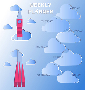 火箭飞过云层。 每周规划师。 时间表。 婴儿组织者与一周中的几天和一个地方的文本。 注释框。