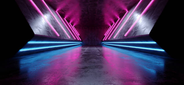 霓虹灯激光发光网络科幻未来现代复古高科技舞蹈俱乐部紫粉色蓝色灯在黑暗格栅反射混凝土隧道走廊大厅房间空三维渲染插图。