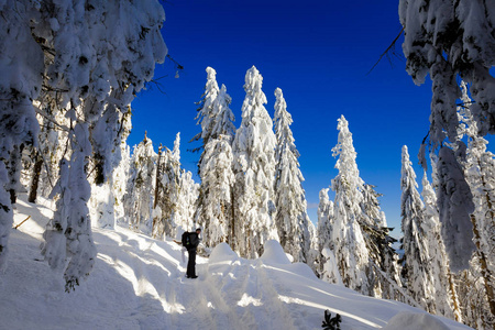 美丽的全景，年轻的游客有着漫长的徒步旅行，在波兰山脉，贝基迪，在去里西安卡的路上，在下雪的冬天。 风景与人。