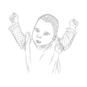 非常可爱的小女孩小手举起来。 可爱的婴儿在白色上画黑色。 节日仪式。 白色孤立背景上的矢量插图。 素描风格