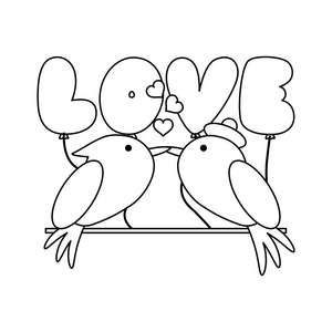 爱与鸟粘黑白矢量插图平面设计