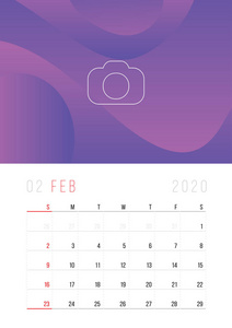 日历2020，设置桌面日历模板设计与位置的照片和公司标志。星期从星期天开始。2月