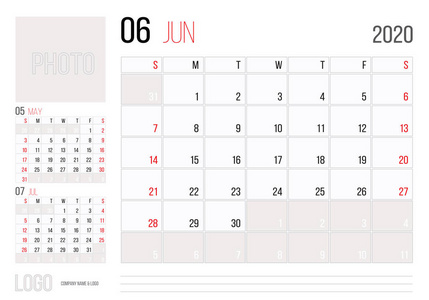 日历2020规划师企业模板设计6月..星期从星期天开始。基本网格2020年年度日历模板