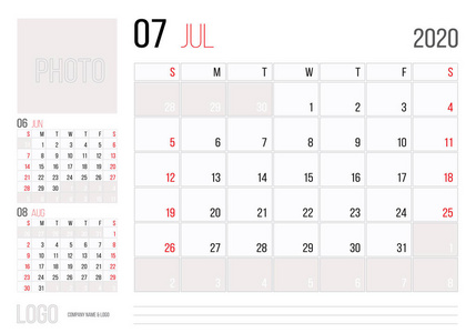 日历2020规划师企业模板设计7月..星期从星期天开始。基本网格2020年年度日历模板