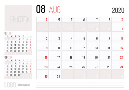 日历2020策划人企业模板设计8月..星期从星期天开始。基本网格2020年年度日历模板