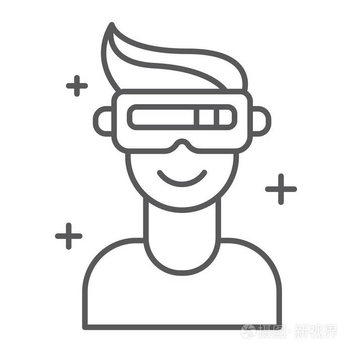 游戏和虚拟, vr 眼镜标志, 矢量图形, 在白色背景的线性图案插画