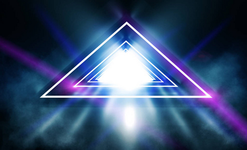 未来主义背景与霓虹灯形状的三角形反射烟雾。 带霓虹灯的空隧道。 三维插图