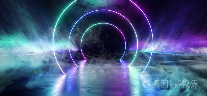 烟雾霓虹灯圈激光发光网络科幻未来现代复古高科技舞蹈俱乐部紫粉色