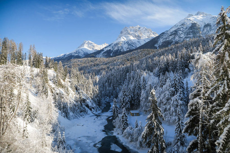 美丽的冬季仙境风景，树木上有雪，河流冻结在格劳布恩登恩加丁