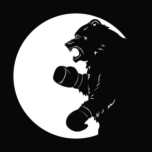 戴拳击手套的黑熊. 野生动物的轮廓. 咆哮野兽的象征.