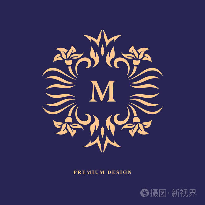 大写字母标志m为皇室名片精品酒店纹章珠宝. 矢量插图