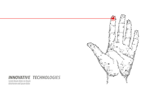 低聚手扫描网络安全。个人识别指纹手印标识码。信息数据安全访问。网络未来生物特征识别技术身份验证向量