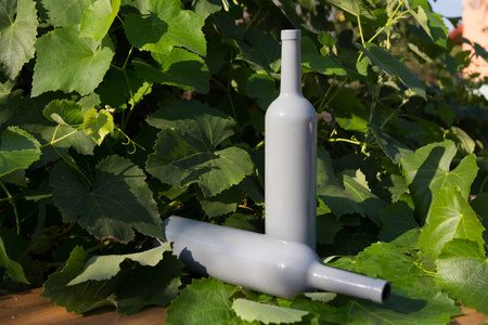 两个灰色的瓶子，一个站着，另一个躺在街道上树叶中葡萄叶的背景上。 乡村的葡萄园。 天然生产家庭葡萄酒。