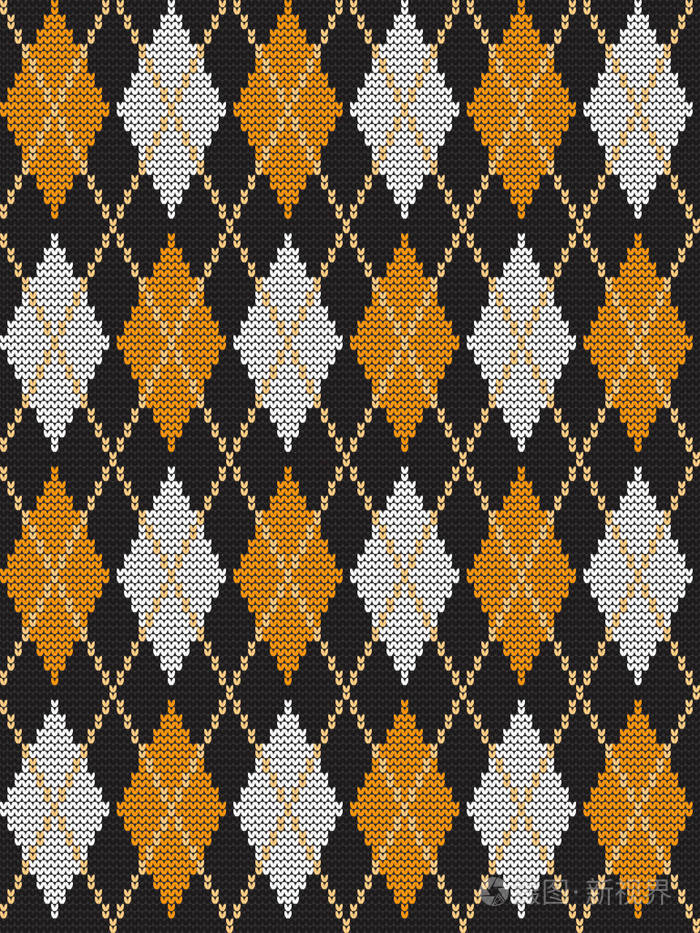 菱形无缝针织图案. 橙色,黑色和白色的格子背景.