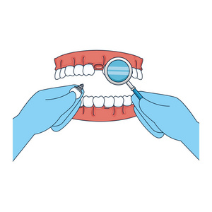 漫画牙齿与牙医手使用镜子