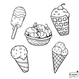 矢量图像。 一套可爱的涂鸦糖果。 手绘冰淇淋。