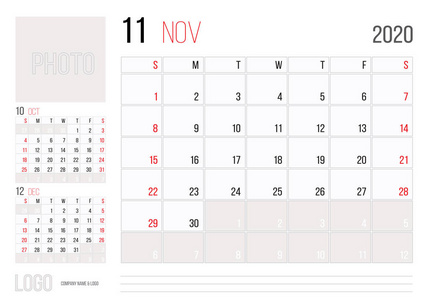 日历2020规划师公司模板设计11月。 一周从星期天开始。 2020年年度日历基本网格模板