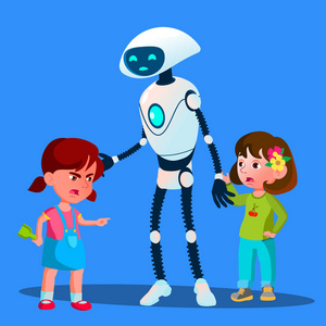 机器人设置除了两个女孩战斗的孩子向量。孤立的插图