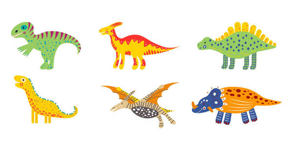 一套彩色苗圃可爱的孩子恐龙。儿童 t恤海报横幅贺卡墙体艺术