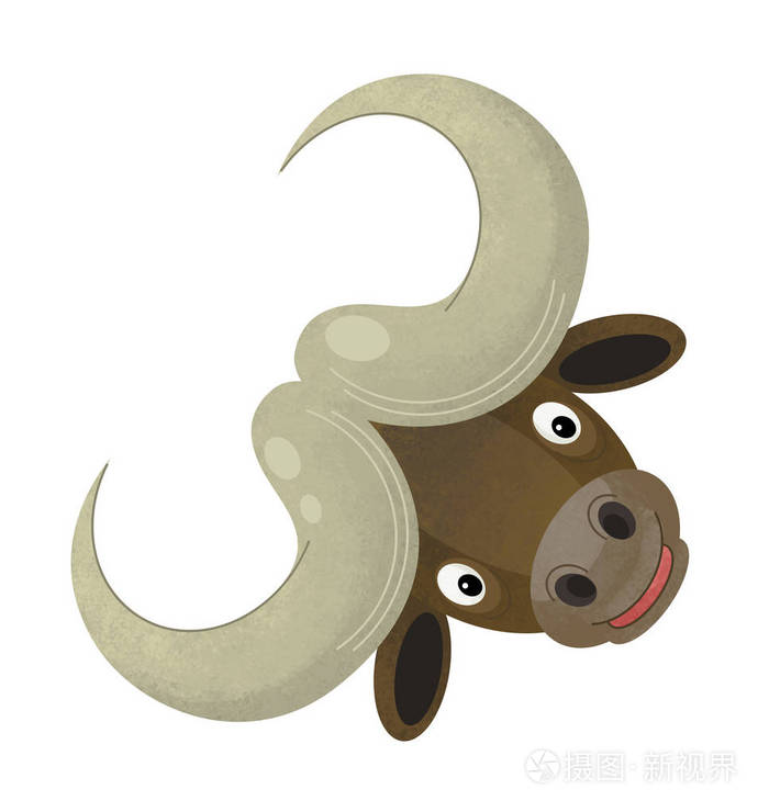 儿童白色背景插图中带有快乐水牛头的卡通场景