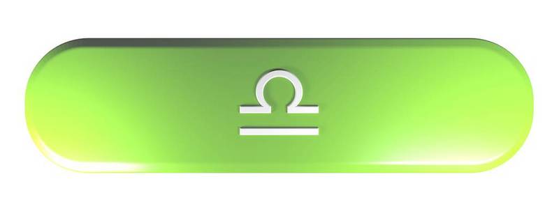 一个绿色圆形矩形按钮与图标的生肖天秤孤立在白色背景3D渲染插图。