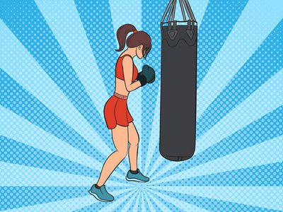 女子拳击. 带着沙袋的女孩. 流行艺术复古矢量插图照片