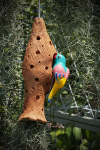 粘土鸟手工制作的小陶瓷鸟巢,由粘土制成,用于花园装饰.照片