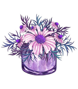 里面有花束的彩色玻璃花瓶，在白色背景上被孤立的手工绘制。水色插图的罐子与花束雏菊。春天野花盛开