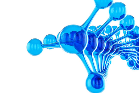 在白色背景上分离的蓝色 dna 分子概念。渲染的 atom 3d。抽象蓝色分子设计。科学或医学背景。化学横幅或传单。3d 渲染插