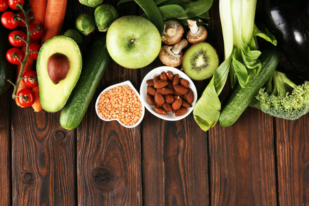 健康食品清洁饮食选择..水果，蔬菜，种子，超级食品，谷物，叶蔬菜。素食或素食