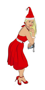 圣诞老人女孩戴着帽子和红色连衣裙，在白色孤立的背景上展示了完整的生长矢量插图。 风格素描