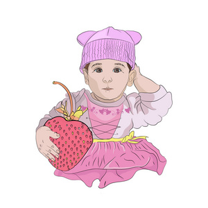 可爱的女婴手里拿着一个巨大的草莓。 矢量图。 素描风格