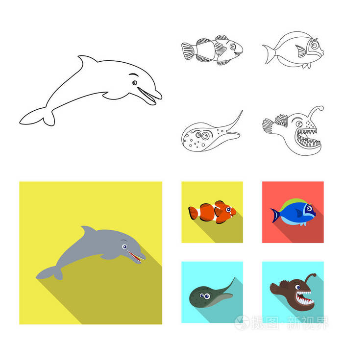 海洋和动物符号的矢量设计。海洋和海洋股票符号的网站集