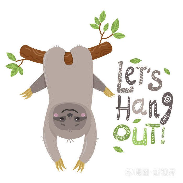 矢量可爱的卡通树懒谁倒挂. 用斯堪的纳维亚风格刻字.