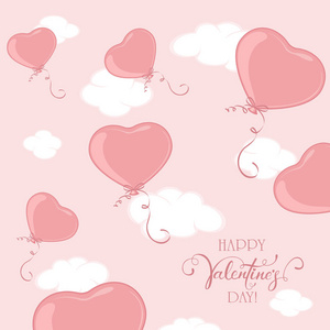 粉红色情人节气球的形式，心在天空背景。 刻字快乐情人节插图。