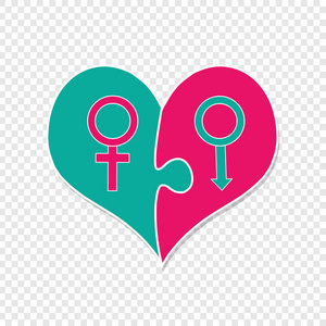 粉红色和绿色的心组装了两个拼图块与男人和女人火星和金星标志。 性的象征。 男女性别图标情人节剪辑艺术。 异性恋夫妻相爱。 向量