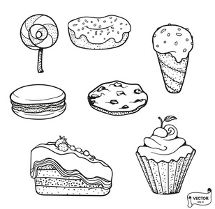 矢量图像。 一套糖果图标手绘涂鸦。 甜点插图糕点蛋糕纸杯蛋糕糖果棒棒糖，玛可，甜甜圈，冰淇淋
