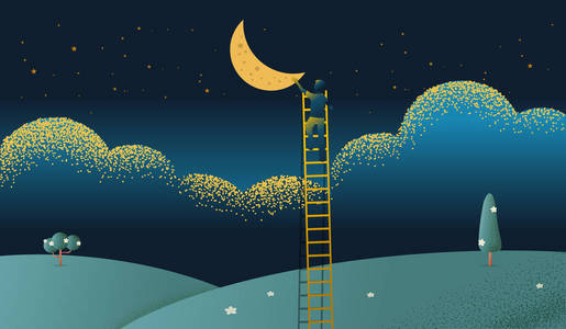 夜景楼梯女人在梯子上伸手到月亮上,星星靠在夜景上美丽的水平自然
