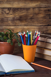打开日记，一堆书，彩色铅笔，在一个塑料玻璃花在一个木背景的木制背景。