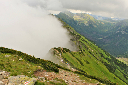 一群人在高高的波兰山上走在山脊上。 一侧是浓雾，另一侧是明亮的绿草。