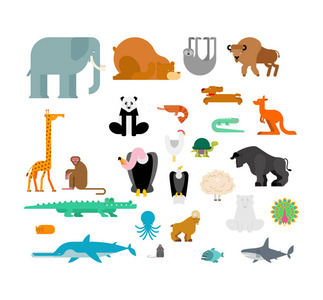 动物集合。 野兽收藏。 可爱的卡通动物。丛林和森林野生自然。