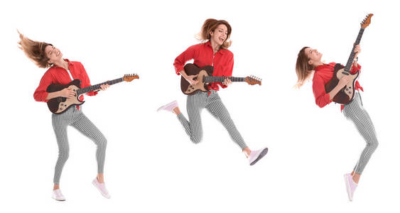 年轻女子在白色背景下弹电吉他图片