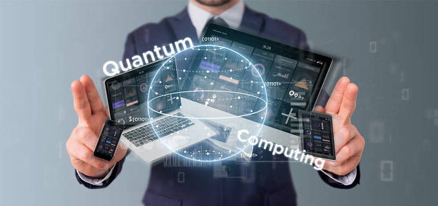 商人持有量子计算概念与量子位元和器件3D渲染的观点