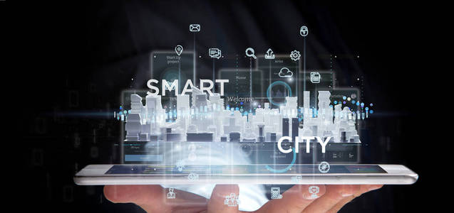 商人持有智能城市用户界面的图标统计和数据三维渲染视图