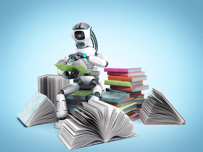一个现代的概念，一个智能机器人正在阅读书籍，坐在一堆书上，3D渲染蓝色梯度